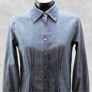 J. Jill Blue Denim Pintucks Textured Cotton Trim Long Sleeve Shirt - Women's XS